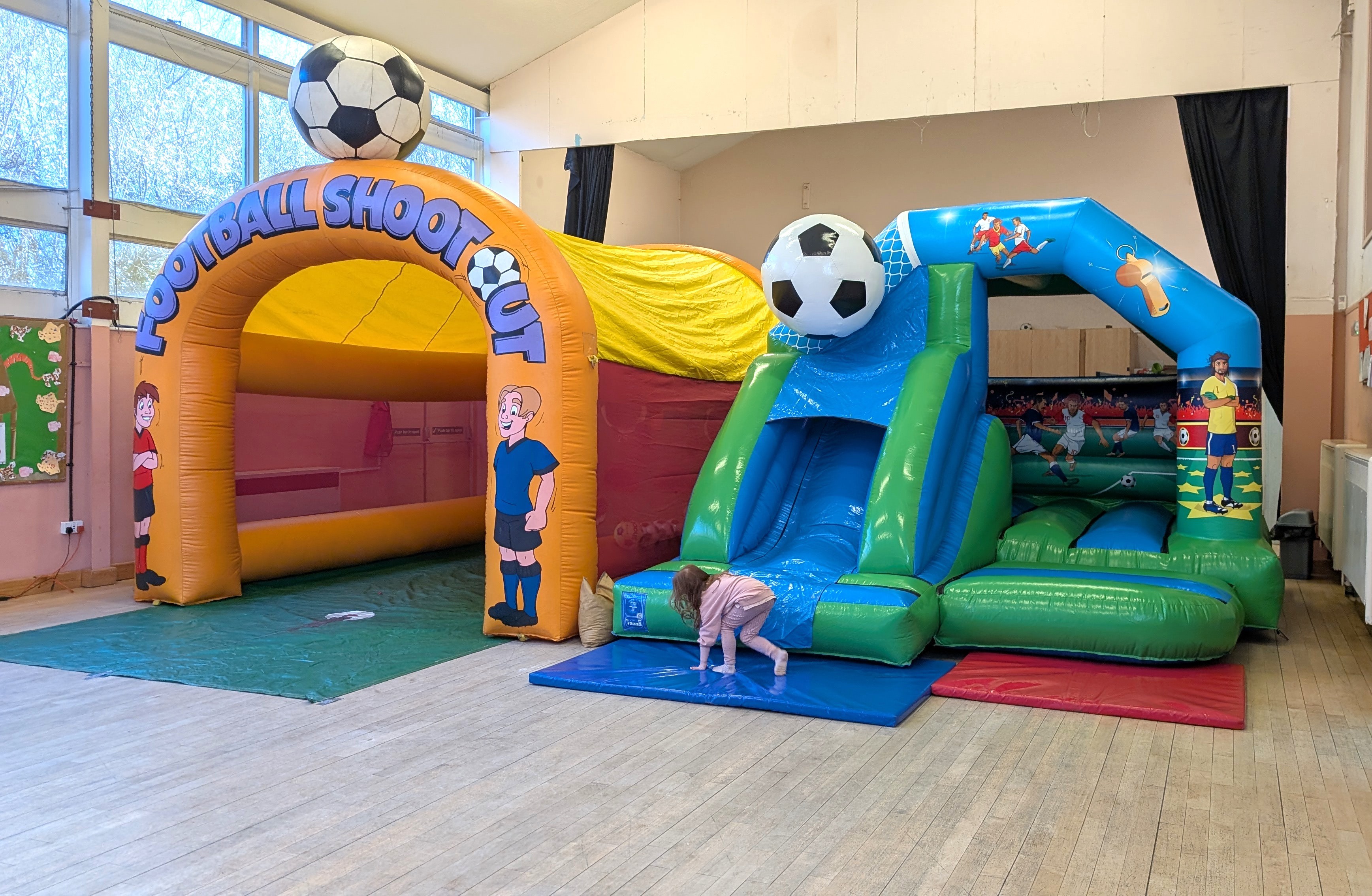 Football bouncy castles in Harlow | GFC Leisure Football bouncy castles set up in tye green community centre harlow