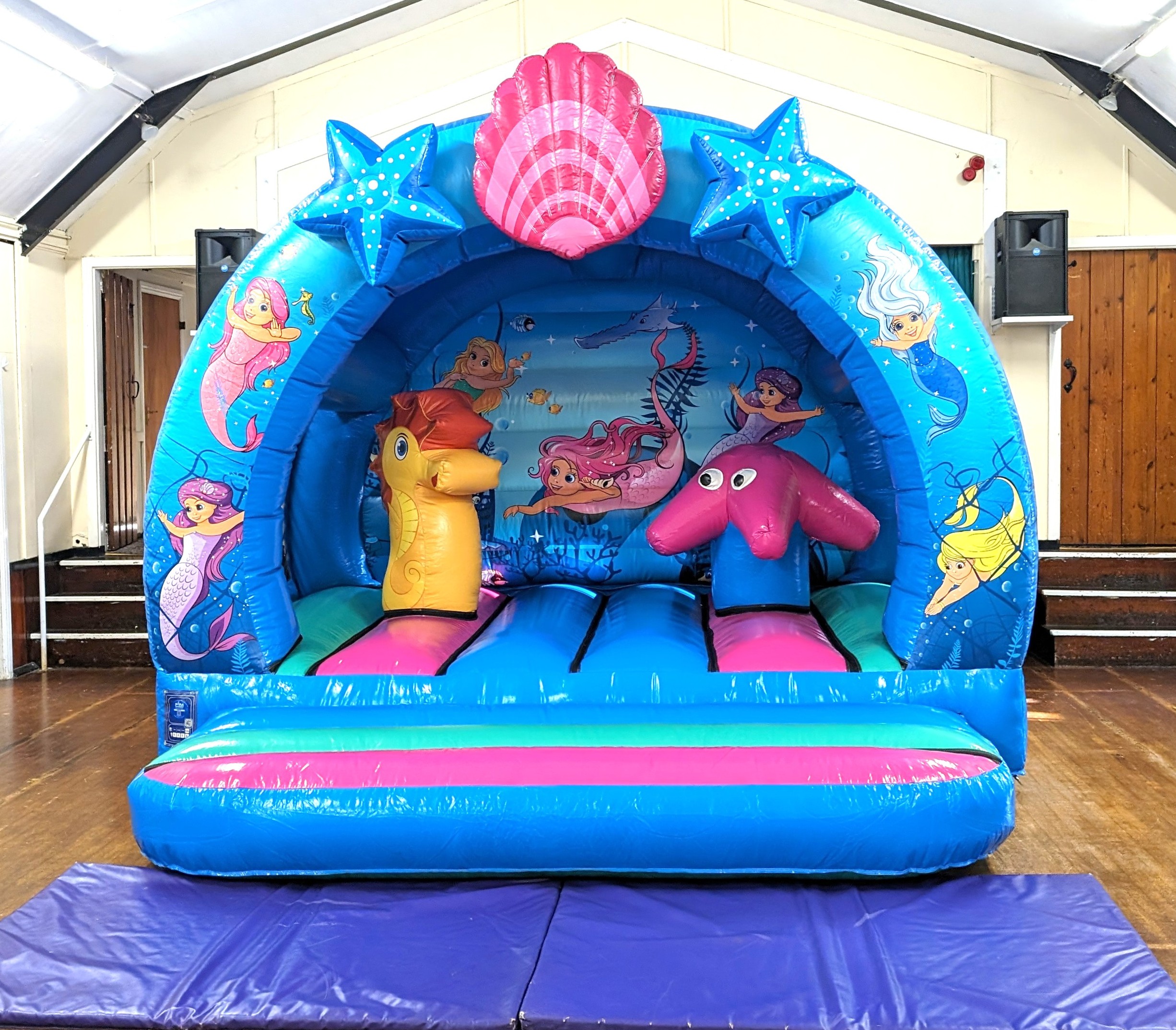 Mermaid bouncy castle set up in Upshire village hall | Hall party