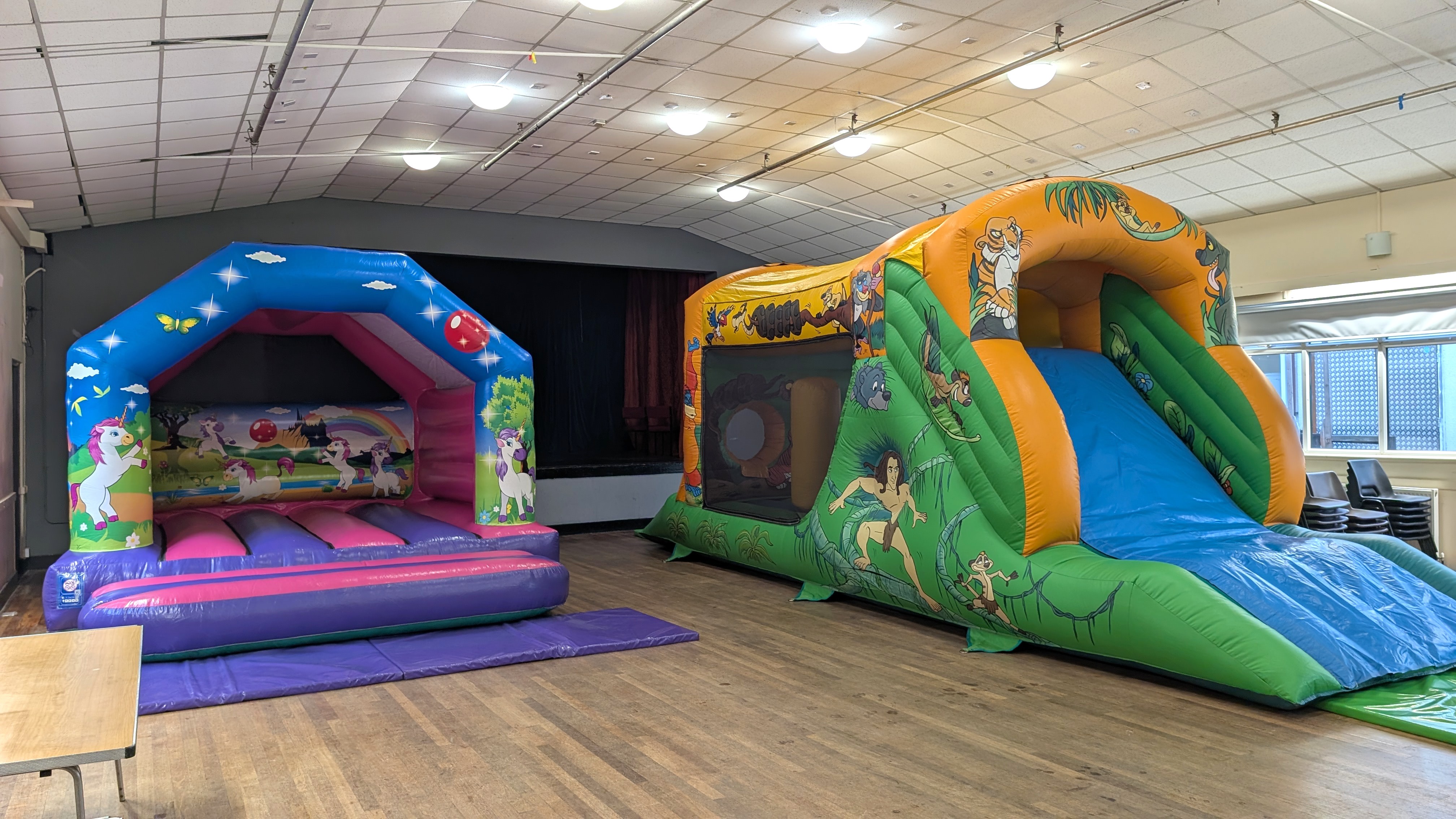 Bouncy Castles in Moot House, Harlow | GFC Leisure Bouncy Castles set up inside Moot House Hall, Harlow